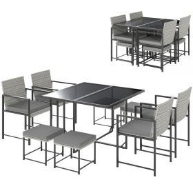 9 Pieces Wicker Patio Dining Set with 4 Armchairs, 4 Stools, Tempered Glass Top, Removable Cushions, Light Grey