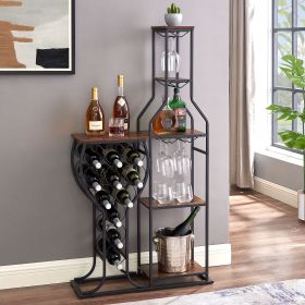 11 Bottle Wine Bakers Rack, 5 Tier Freestanding Wine Rack with Hanging Wine Glass Holder and Storage Shelves (Color: as Pic)